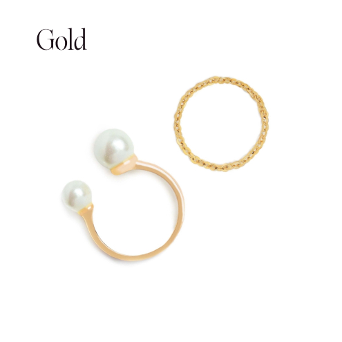 Chain × Double Pearl Ring Set Gold